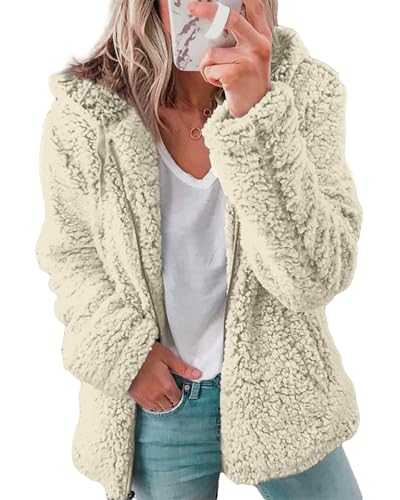 Womens Winter Fleece Jacket Soft Teddy Hooded Zip Up Warm Fluffy Hoodie Coats Long Sleeve Full Zipper Sherpa Overcoat Cardigan Jackets with Pockets Lounge Wear Outdoor