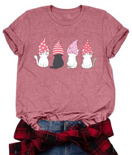 Valentine Day Shirts for Womens Gnomes Cat Graphic Tshirt Cute Cat Lover Gift Casual Short Sleeve Tops