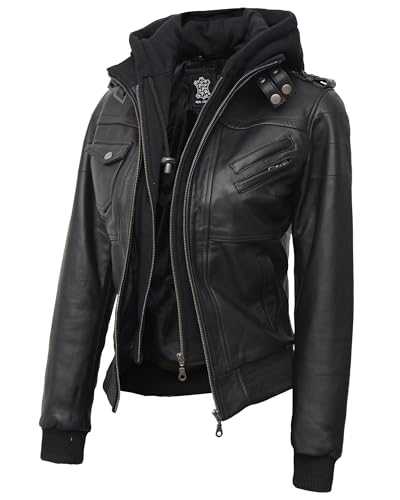 fjackets Womens Leather Jacket - Real Lambksin Bomber Leather Jacket Women With Removable Hood