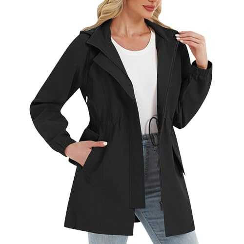 Zeiayuas Ladies Waterproof Jackets Rain Coat Lightweight Waterproof Jacket Womens Drawstring Hooded Outwear Rainproof Zip up Hoodies Trench Coats Sports Windbreak Outdoor Jacket Raincoats