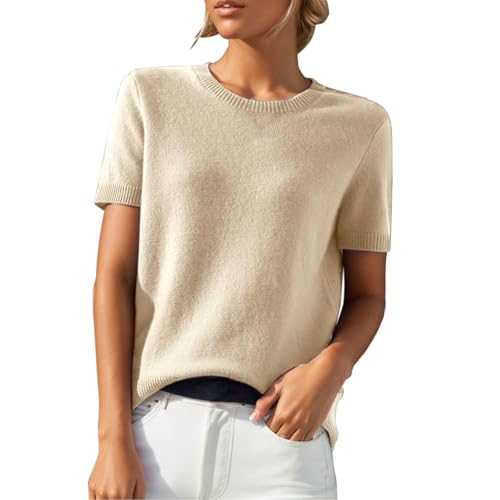 RLEHJN Short Sleeve Tops for Women UK Cheap Plain Knitted Jumpers Casual Round Neck Pullover Summer Loose Shirts Solid Color Knit Tops Elegant Ladies Blouses for Outdoor Size 8-16