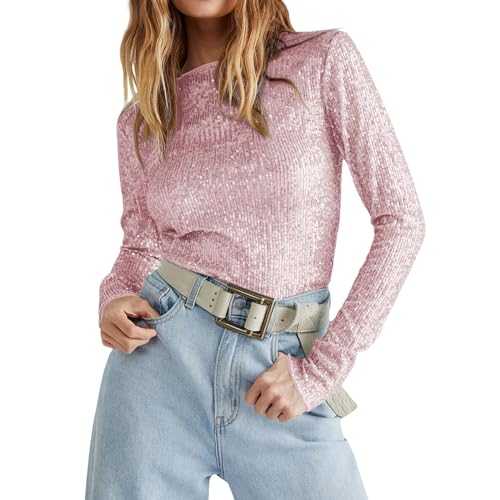 FeMereina Women Long Sleeve Sequin Tops Party Shimmer Embellished Crew Neck Sparkle Glitter Slim Fit Crop Top Blouse