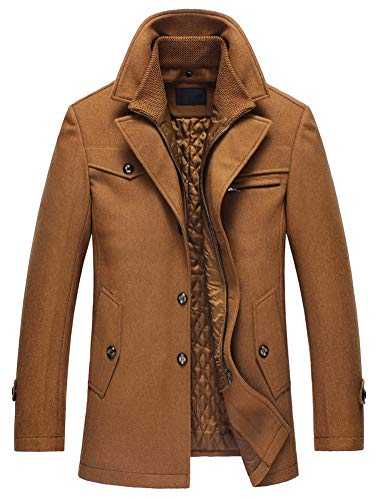 Lavnis Men's Woolen Jacket Casual Single Breasted Zipper Trench Coat Outerwear with Multi Pockets