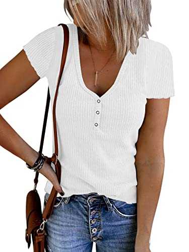 Womens Casual T Shirts Short Sleeve V Neck Ribbed Knit Slim Fit Summer Tops