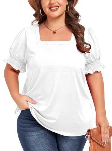 ForHailey Women's Plus Size Tops Square Neck Blouses Short Sleeve T Shirts Casual Ruffle Trim Sleeve Tunic Tops