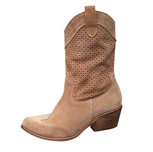 Suede Cowboy Boots for Women Wide Fit Suede Leather Pointed Toe Mid Calf Wellies Boots Non Slip Chunky Heel Wide Calf Boots Fashion Lightweight Breathable Walking Boots Comfy Women'S Boots