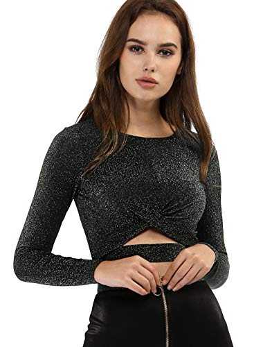 Allegra K Women's Glitter Tops Twist Long Sleeve Cut Out Front Slim Fitted Crop Top