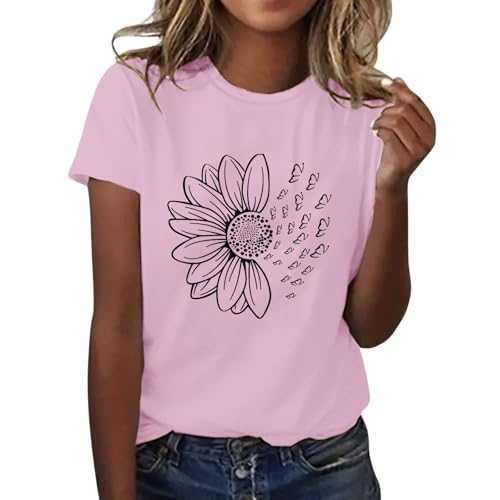Sunflower Graphic Print T-Shirts for Women UK Oversized Fashion Loose Fit Crew Neck Tshirt Casual Solid Color Short Sleeve Summer Blouse Comfort Basic Going Out Tee Shirts