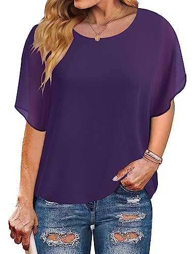 IN'VOLAND Plus Size Women Chiffon Blouse Batwing Sleeve Tops Scoop Neck Tunic Shirts