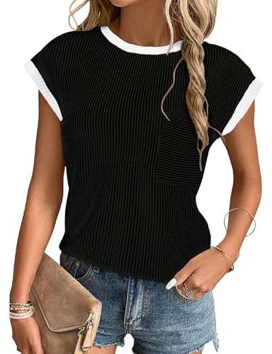 Flikity Women's Short Sleeve T Shirts Crewneck Color Block Ribbed Knit Tee Blouses 2025 Trendy Summer Tops