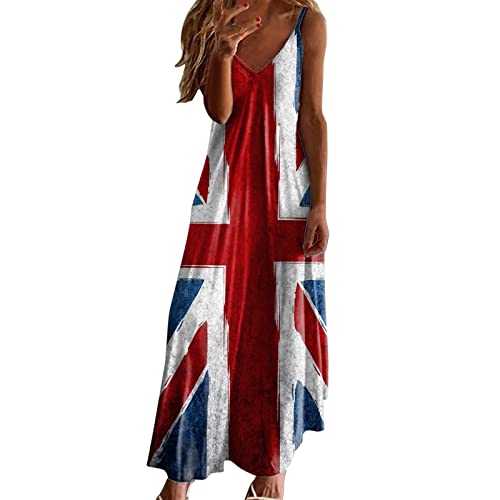HOOUDO Union Jack Dresses for Women Long Maxi 90s Fancy Dress Costumes Casual Sleeveless British Flag Dress Union Jack Clothing Ladies Coronation Dresses Summer Beach Sundresses