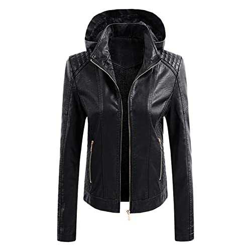 Women's Leather Jacket with Hood Genuine Leather Winter Jacket Women's Black with Hood - Softshell Jacket Long Waterproof Fleece Jacket Warm Thin Red Long Sleeve Leather Jacket Biker Leather Jacket