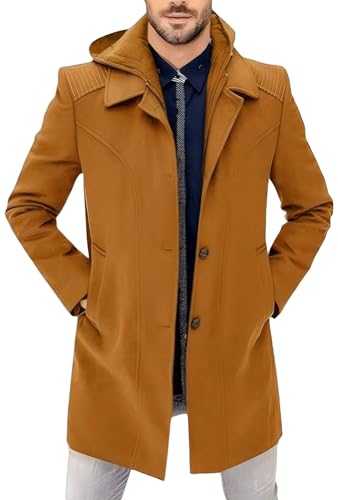 Panegy Mens Wool Coats Mid Length Coat Men UK Winter Padded Trench Jacket Thick Outdoor Overcoat Warm Casual Peacoat