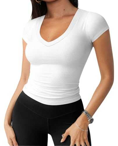 ALLureLove Womens Short Sleeve Shirts Sexy T-Shirt Summer Deep U Neck Tops Casual Slim Fit Basic Tee