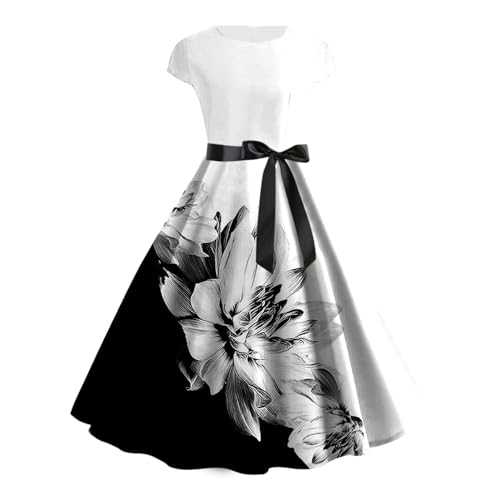 80s Fancy Dress Womens 1950s Audrey Hepburn Dress Elegant Cocktail Party Dress A Line Short Sleeve Floral Retro Pleated Dresses Swing Flowy Tea Dress Vintage Rockabilly 50s 60s Dance Gown