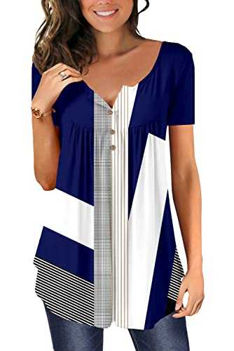 CHICZONE Womens Tunic Tops Plain Pleated V Neck Buttons Up Blouse Floral Printed Ladies Henley T-Shirt
