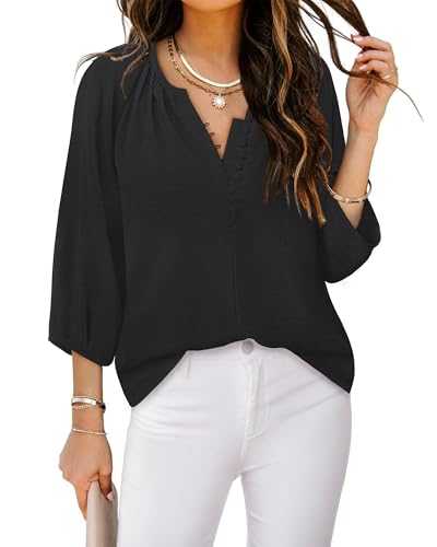 Triratna Womens Blouses Dressy Casual V Neck 3/4 Sleeve Tops Fashion Boho Chiffon Button Down Shirts