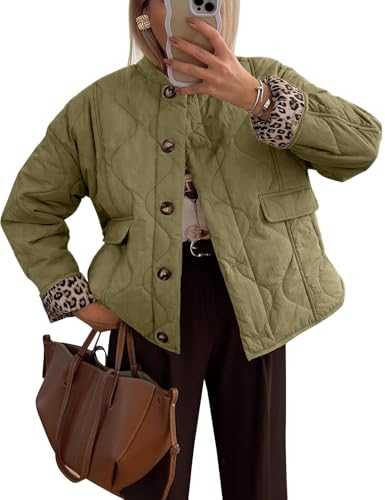 Flygo Women's Casual Quilted Puffer Jacket Leopard Lined Collarless Cropped Button Down Winter Warm Lightweight Bomber Coat