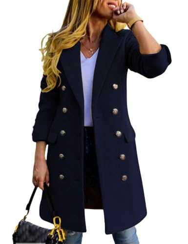 Kinghua Women's Double Breasted Wool Coat Autumn Winter Notched Lapel Midi Long Wool Peacoat Jacket