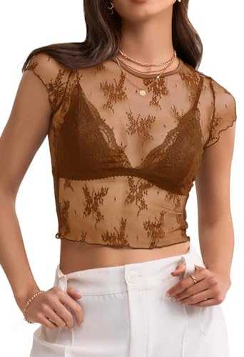 MEROKEETY 2025 Women's Mesh Sheer Lace Crop Top See Through Cap Sleeve Crewneck Summer Sexy Y2K Blouse Shirts
