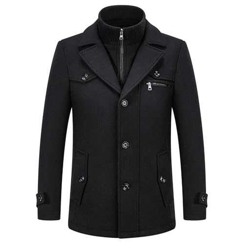 KUDORO Mens Wool Coats Winter Padded Trench Coat for Casual Business Outwear Thick Wool Blend Peacoat with Removable Inner Collar