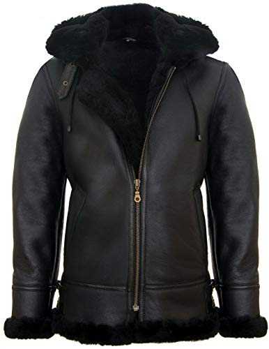 Men's Genuine Leather Sheepskin Flying Hooded Bomber B3 Aviator Pilot Jacket
