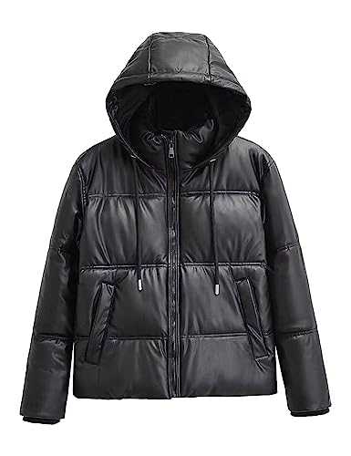 Sukany Women's Winter Warm Casual Zip Hooded Jacket Loose Fashion Faux Leather Long Sleeve Puffer Quilted Jackets Coat
