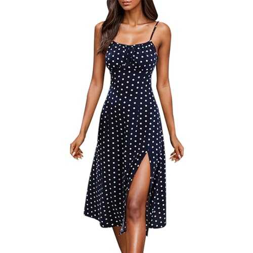 Floral & Polka Dot Dresses for Women UK Split Hem Womens Sexy Dress Spaghetti Strap Ladies Summer Sundress Women's Casual Midi-Dress Party Sundresses for Beach Club Travel Daily Wear