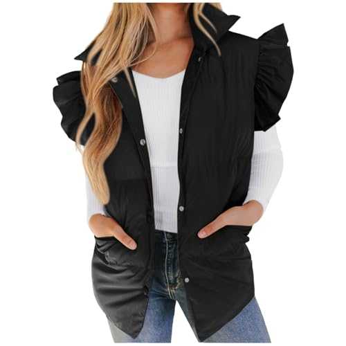 Winter Jackets For Women Uk Padded Gilet Ladies Ruffle Sleeveless Quilted Coats With Pocket Zipper Bomber Jacket Bodywarmer Solid Puffers Jacket Stand Collar Waistcoats
