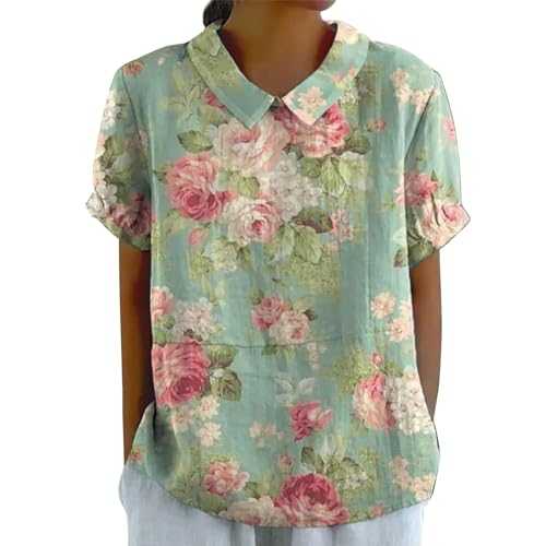 Qixiu Women's Linen Lapel Art Floral Round Neck Button Loose Pullover Top Casual Shirt T Shirt Plus Size Ladies Tops