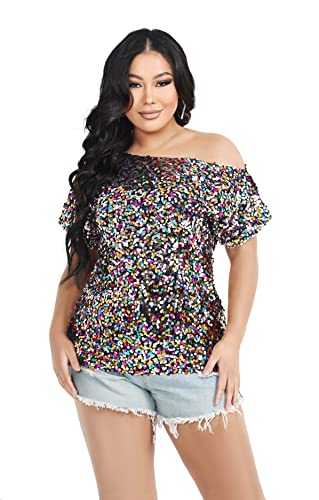 Womens Sequin Short Sleeve One Shoulder Plus Size Top Sparkly Shirts Sexy Blouse for Cocktail Party Dressy