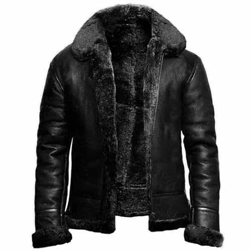 FGRID Men's Sheepskin Leather Jacket with Fur Collar, Vintage Lapel Fleece Lined Faux Fur PU Overcoat Warm Zip Up Leather Short Biker