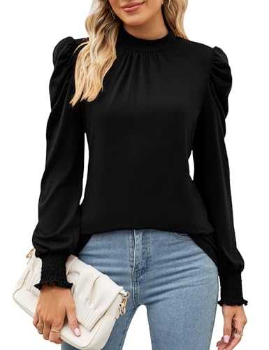 LUYAA Womens Tops Dressy Casual Frill Mock Neck Smocked Cuffs T Shirts Long Puff Sleeve Blouses, Black, XXL
