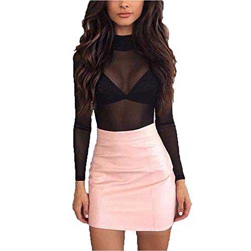 Women Mesh Tops Long Sleeve See Through Transparent Mesh Stand Neck Sheer Blouses T-Shirt Tops