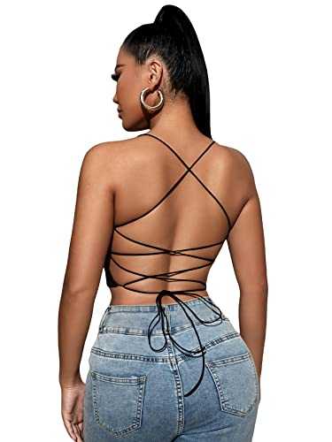 GORGLITTER Women's Backless Lace up Sexy Crop Cami Top Tie Knot Back Scoop Neck Summer Sleeveless Shirt Tank Tops