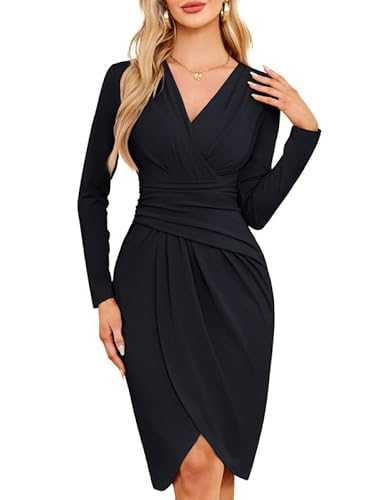 JASAMBAC Evening Dresses for Women Long Sleeves Wedding Guest Dress Elegant Cotail Dresses Ruched Wrap Bodycon Dress Soft Work Dresses Business Dresses Pencil Midi Dress Party Dresses