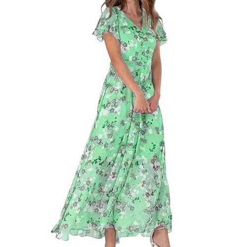 HOOUDO Womens Summer Dresses Loose Fit Cotton Boho Dresses Ruffle Sleeve V Neck Beach Dresses Stretch Solid Mini Dresses High Waist Shirt Dresses