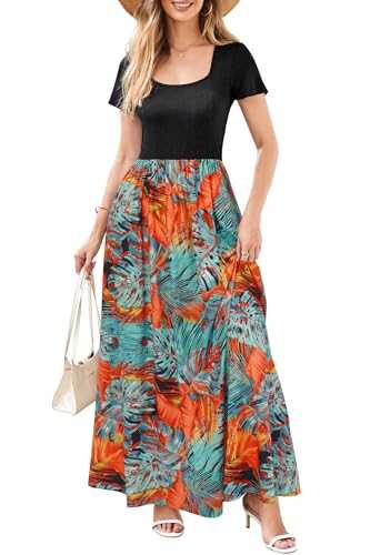 OUGES Maxi Summer Dresses for Women UK Ladies Short Sleeve Loose Casual Floral Long Sundress with Pockets