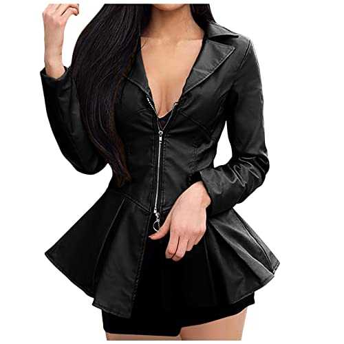 AMhomely Motorcycle PU Jackets for Women Sexy V Neck Flared Hem Full Zip Long Sleeve Leather Coats Jacket Short Waistcoats Waterproof Faux Leather Trench Coats