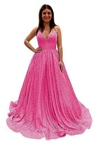 Raseal A Line Square Neck Sequins Prom Dress Sparkly Spaghetti Straps Long Ball Gowns with Pockets RS025