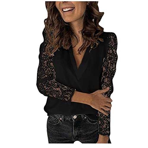 Women's Blouses & Shirts Sale Clearance,Large Size Ladies Lace Solid Splicing Long Sleeve Slim Blouse V-Neck Tops Shirt Loose Tunic Tops for Women UK