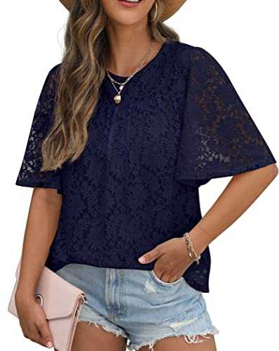 GRECERELLE Womens Lace Casual Tunic Tops with Bell Short Sleeves and Soft Lining - Fashionable Summer Spring T Shirts Blouse for Everyday Wear