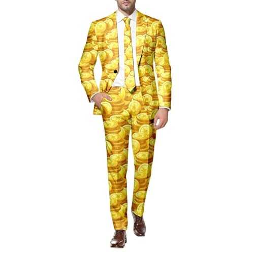 Men 2 Piece Suit Sets Stylish Slim One Button St. Patrick's Day Gold Coin Prints Lapel Blazer & Skinny Fit Jacket Pants Costume Suit