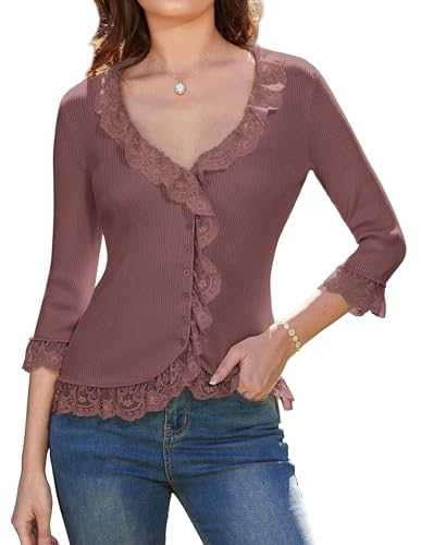 GRACE KARIN Women Lace Knitted Cardigan 3/4 Sleeve V-Neck Button-up Sweater Knitwear