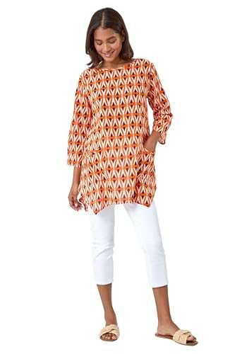 Roman Originals Geometric Pocket Detail Longline Cotton Top for Women UK - Ladies Everyday Holiday Spring Summer Round Neckline Comfy Soft Evening Vacation Work Party