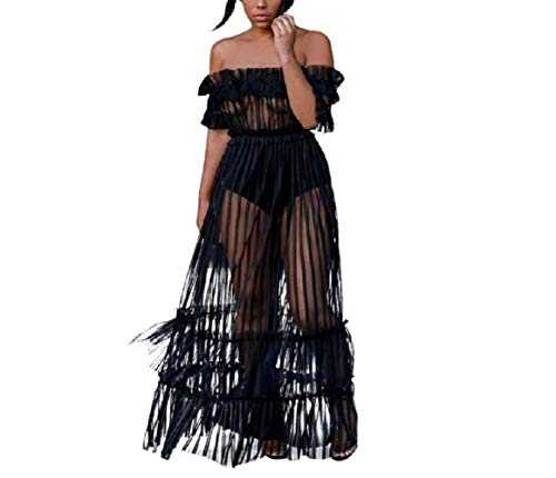 Aimeio Women Sexy Lace Off Shoulder Mesh See Through Long Pleated Maxi Dress Club Party Gown