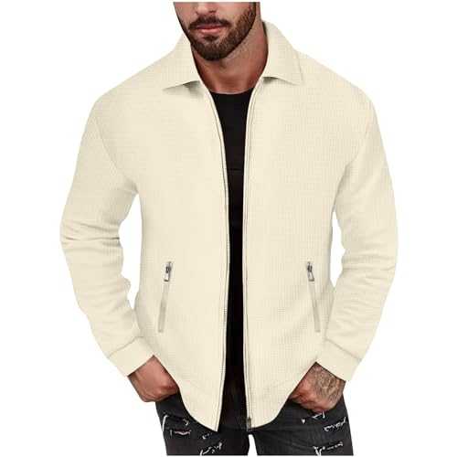 HAOLEI Jackets for Men UK Clearance Waffle Lightweight Jacket Full Zip Lapel Collar Sweatshirt Solid Color Bomber Jacket Coat Long Sleeve Tops Comfy Outerwear with Zip Side Pocket