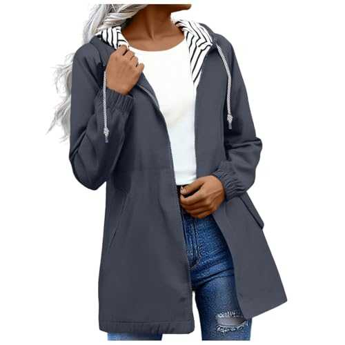 Lightweight Waterproof Jacket Womens Hooded Windproof Coat Pocket Hiking Raincoat Outdoor Walking Work Womens Windbreaker Sport Jacket Plus Size Zipper Ladies Rain Coats Sunscreen Travel Raincoat