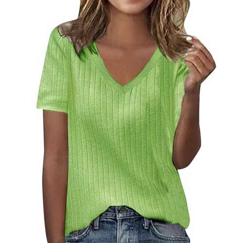 Women's Spring/Summer V Neck Solid Color Base Thin Striped Strip Short Sleeved T Shirt Ladies Long Sleeve Shirts