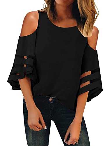 LookbookStore Women's Cold Shoulder Loose Shirt Tops 3/4 Bell Mesh Sleeve Blouse